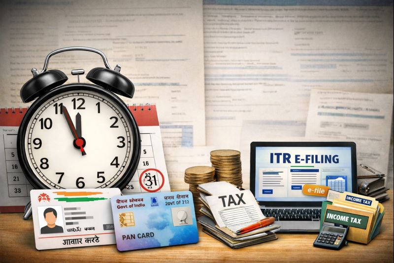 “31 दिसंबर 2025 तक आधार, PAN और ITR फाइलिंग की अंतिम तारीख को दर्शाते हुए वित्तीय दस्तावेज़, कैलेंडर, सिक्के, लैपटॉप और कैलकुलेटर का arrangement”