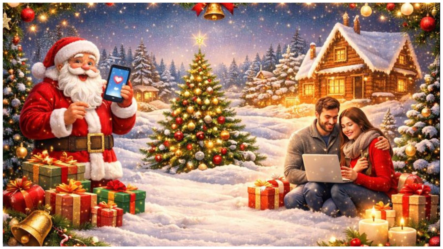 "Christmas 2025 का snowy village, decorated tree और gifts, लोग भेज रहे हैं holiday wishes via smartphones."