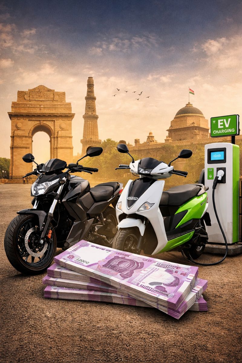 "दिल्ली के बैकग्राउंड में इलेक्ट्रिक बाइक और स्कूटर खड़े हैं, चार्जिंग स्टेशन के पास, प्रदूषण मुक्त और ईको-फ्रेंडली परिवहन को दर्शाता दृश्य।"