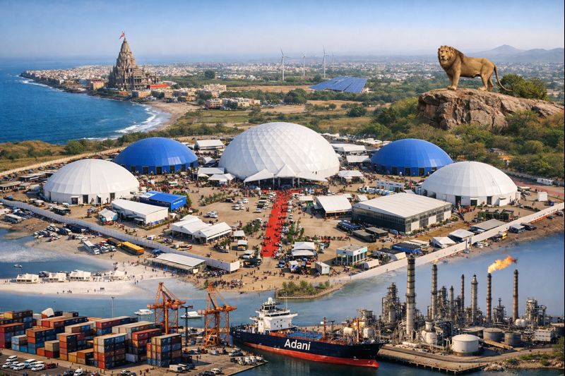 "राजकोट, गुजरात का हवाई दृश्य जिसमें सौराष्ट्र-कच्छ क्षेत्र में निवेश और औद्योगिक सम्मेलन के लिए छह प्रदर्शनी डोम, बंदरगाह पर कार्गो जहाज, तेल रिफाइनरी, व्हाइट रैन ऑफ कच्छ, विंड फार्म और गिर नेशनल पार्क शामिल हैं।"