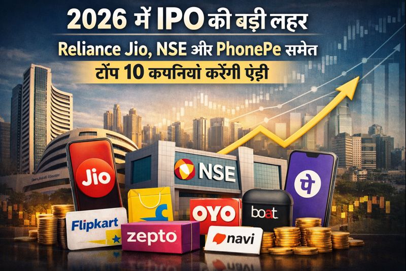 2026 में संभावित IPO को दर्शाती प्रतीकात्मक न्यूज़ इमेज, जिसमें Reliance Jio, NSE और PhonePe सहित प्रमुख कंपनियों के लोगो, शेयर बाजार का उछाल दिखाता ग्राफ और मुंबई का फाइनेंशियल स्काईलाइन नजर आ रहा है