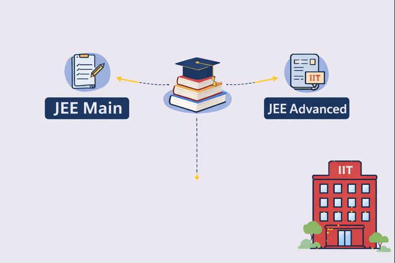 Illustration of JEE Main and JEE Advanced exams concept with student, books, and IIT building, educational infographic for Indian engineering entrance exams