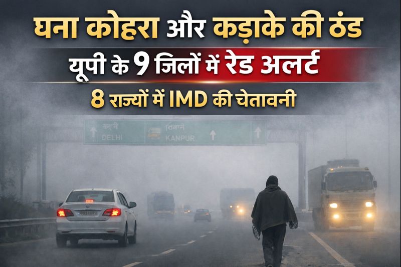 उत्तर प्रदेश में घने कोहरे और कड़ाके की ठंड के बीच सड़क पर बेहद कम दृश्यता, IMD ने 9 जिलों में रेड अलर्ट जारी किया