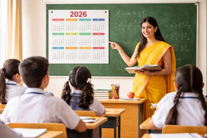 लखनऊ के एक माध्यमिक स्कूल की कक्षा में शिक्षक 2026 के शैक्षणिक कैलेंडर के साथ छात्रों को पढ़ाते हुए, छात्र अपनी बेंच पर बैठकर ध्यान दे रहे हैं, उजली और आधुनिक कक्षा का दृश्य।