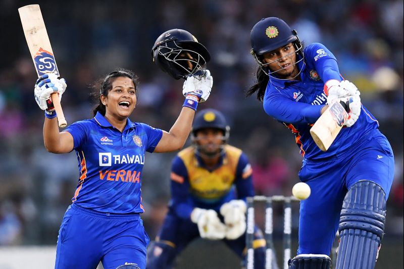 India Women vs Sri Lanka Women cricket match action, showing Indian players Shafali Verma and Smriti Mandhana in dynamic batting moments, with Sri Lankan wicketkeeper and fielders in the background, no text.