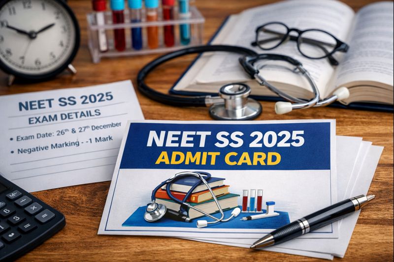 NEET SS 2025 एडमिट कार्ड, परीक्षा तिथि और नेगेटिव मार्किंग की जानकारी दर्शाती प्रतीकात्मक तस्वीर