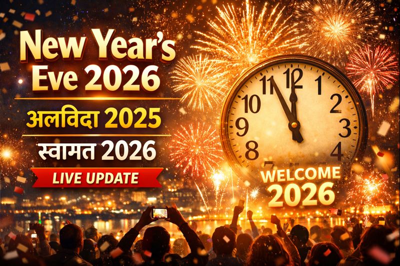 “New Year’s Eve 2026 celebration with fireworks, countdown clock at 12 AM, Goodbye 2025 Welcome 2026 festive scene”