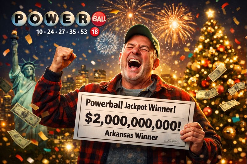 "अमेरिका Powerball 2025 जीतने वाले अर्कांसस निवासी व्यक्ति अपने $2 बिलियन के जैकपॉट चेक के साथ खुश नजर आ रहे हैं, पीछे क्रिसमस ट्री, फायरवर्क्स और Statue of Liberty का दृश्य, उत्साहपूर्ण और प्रेरणादायक फोटो"