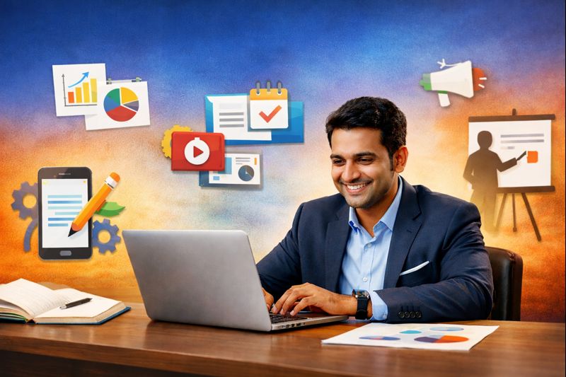 "एक पेशेवर भारतीय व्यक्ति लैपटॉप पर काम कर रहा है, डेस्क पर नोटबुक और चार्ट्स रखे हैं, पृष्ठभूमि में डिजिटल स्किल्स और बिज़नेस आइकॉन हैं, प्रेरणादायक और उत्साहपूर्ण करियर ग्रोथ का दृश्य, बिना किसी टेक्स्ट के"