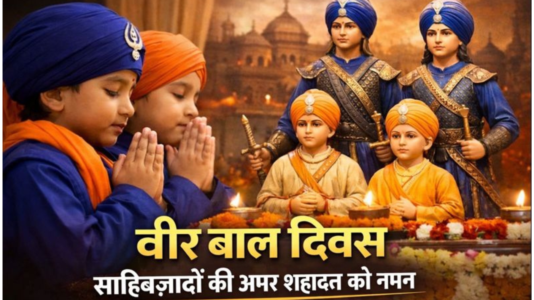"वीर बाल दिवस 2025: चार साहिबज़ादे वीर मुद्रा में खड़े हैं, सामने दो बच्चे अरदास करते हुए, पृष्ठभूमि में गुरुद्वारा और भारत का झंडा, भावनात्मक और प्रेरणादायक दृश्य"
