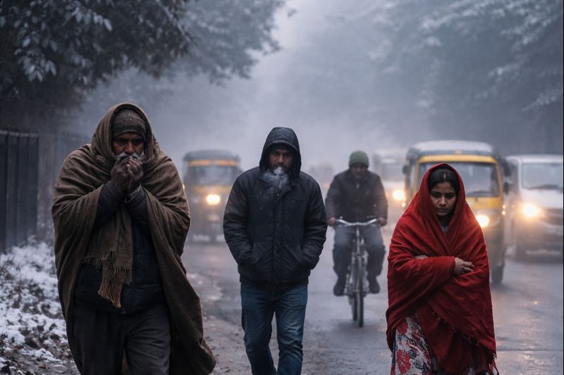 उत्तर भारत में घने कोहरे और कड़ाके की ठंड के बीच सड़क पर चलते लोग