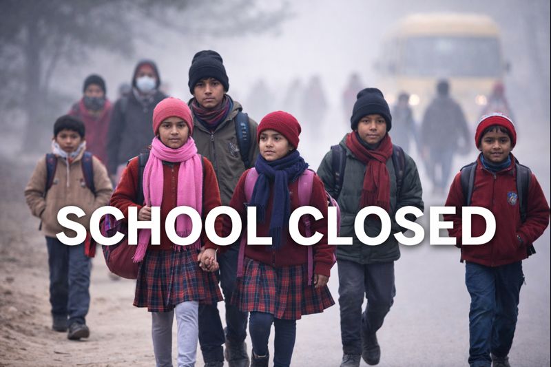 ठंड और घने कोहरे के बीच स्कूल यूनिफॉर्म में बच्चे, सामने बड़े अक्षरों में ‘School Closed’ लिखा हुआ, सर्द मौसम के कारण स्कूल बंद होने का संकेत।