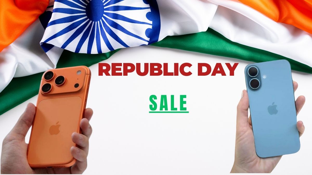 Republic Day Sale के दौरान भारतीय तिरंगे की पृष्ठभूमि में डिस्काउंट ऑफर के साथ प्रदर्शित iPhone स्मार्टफोन