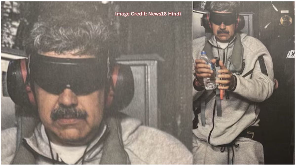 वेनेजुएला के राष्ट्रपति निकोलस मादुरो USS Iwo Jima युद्धपोत पर हिरासत में, हाथ बंधे और आंखों पर पट्टी, अमेरिकी सैन्य कार्रवाई के दौरान। (स्रोत: News18 Hindi)