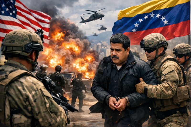 अमेरिका और वेनेजुएला के बीच बढ़ते तनाव का दृश्य, जिसमें अमेरिकी सैनिक हाथकड़ी में बंद वेनेजुएला के राष्ट्रपति निकोलस मादुरो को सुरक्षित ले जा रहे हैं। पृष्ठभूमि में काराकास में विस्फोट और आग, युद्ध हेलीकॉप्टर उड़ते हुए, और दोनों देशों के झंडे दिखाई दे रहे हैं।