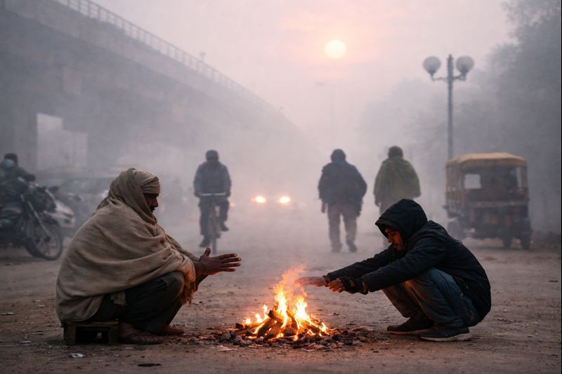 “उत्तर प्रदेश में घने कोहरे और कड़ाके की ठंड के बीच सड़कों पर अलाव तापते लोग, दृश्यता बेहद कम”
