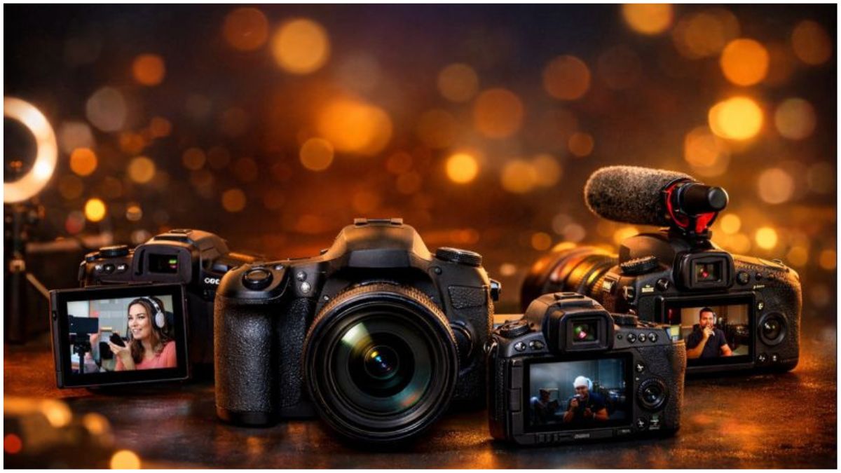 "2026 में यूट्यूबर्स के लिए DSLR कैमरे सेटअप, जिसमें Canon और Nikon DSLR कैमरे, लैपटॉप, रिंग लाइट, माइक्रोफोन और ट्राइपॉड शामिल हैं, व्लॉगिंग और वीडियो रिकॉर्डिंग के लिए पेशेवर दृश्य।"
