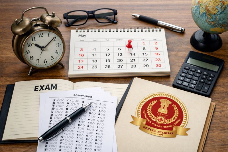 SSC exam preparation concept image showing calendar, exam answer sheet, study material and stationery on desk