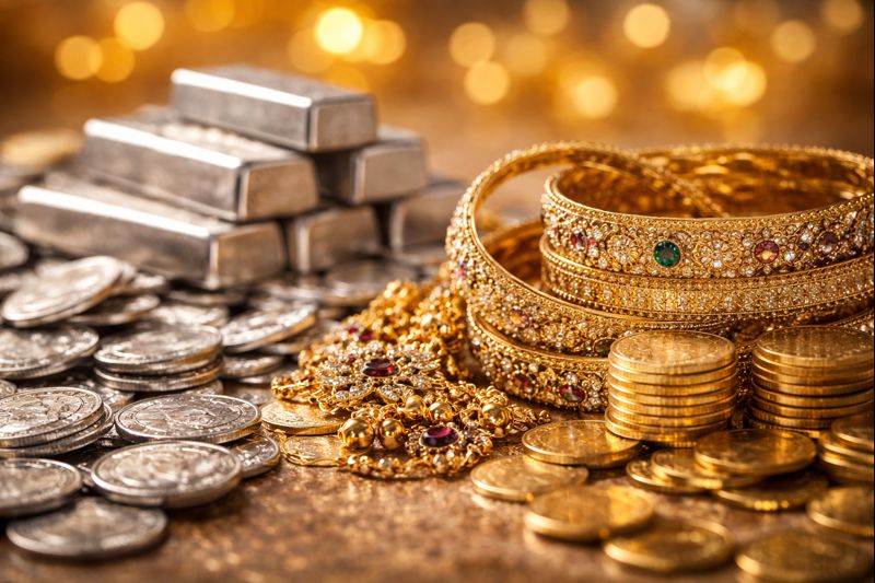सोने और चांदी के आभूषण, सिक्के और चांदी की ईंटें एक साथ सजी हुई, सर्राफा बाजार में बढ़ती कीमती धातुओं की कीमतों का प्रतीक।