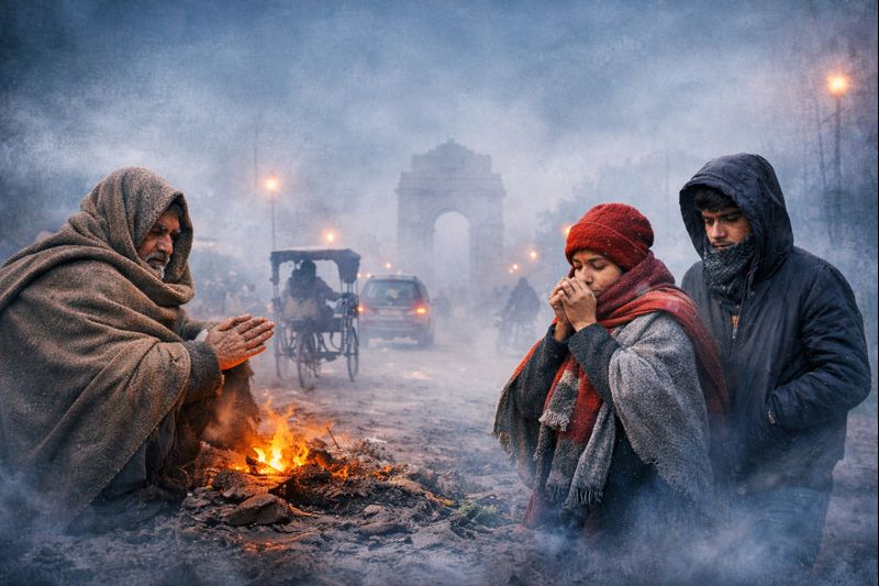 घने कोहरे और शीतलहर के बीच उत्तर भारत में सर्दी से बचते लोग, ठंड से प्रभावित सुबह का दृश्य