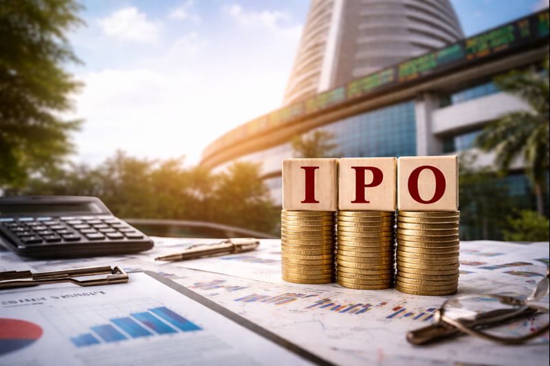 स्टॉक मार्केट पृष्ठभूमि में रखे सुनहरे सिक्कों पर IPO दर्शाते ब्लॉक, पास में वित्तीय दस्तावेज़ और कैलकुलेटर, निवेश और शेयर बाजार की अवधारणा को दर्शाता दृश्य