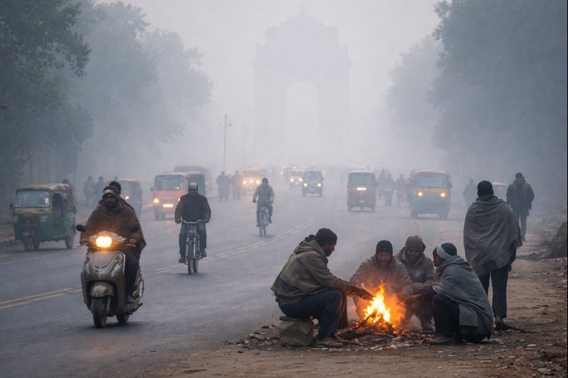उत्तर भारत में कड़ाके की ठंड और घने कोहरे के बीच सड़क पर अलाव तापते लोग और धीमी रफ्तार से चलते वाहन, सर्द मौसम का वास्तविक दृश्य