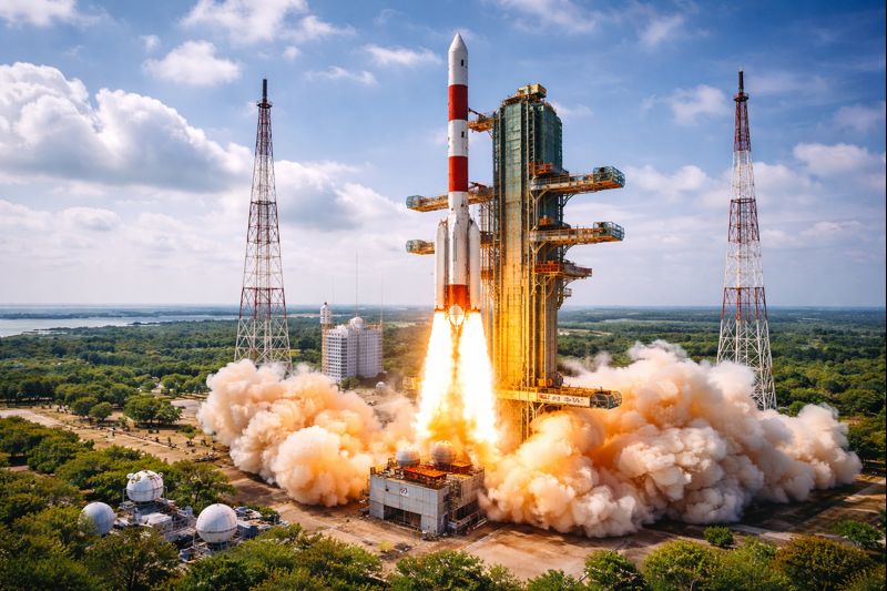 PSLV-C62 रॉकेट श्रीहरिकोटा से लॉन्च होते हुए, नीले आकाश और हरे-भरे परिदृश्य के बीच धुएं और आग की लपटों के साथ।