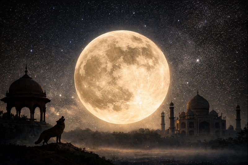 भारत के रात के आकाश में उगता हुआ वुल्फ सुपरमून 2026, बड़ा और चमकीला चंद्रमा, सितारों से भरा आकाश और शहर की इमारतें silhouetted, बिना किसी टेक्स्ट के।
