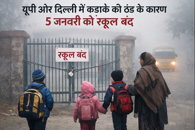 यूपी और दिल्ली में घने कोहरे और ठंड के बीच 5 जनवरी को बंद स्कूल का दृश्य, बच्चे सर्द कपड़ों में स्कूल गेट के बाहर खड़े हैं और "स्कूल बंद" का बोर्ड देख रहे हैं।