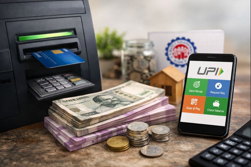ATM machine and smartphone showing UPI interface with Indian currency, symbolizing easy PF withdrawal through EPFO digital system