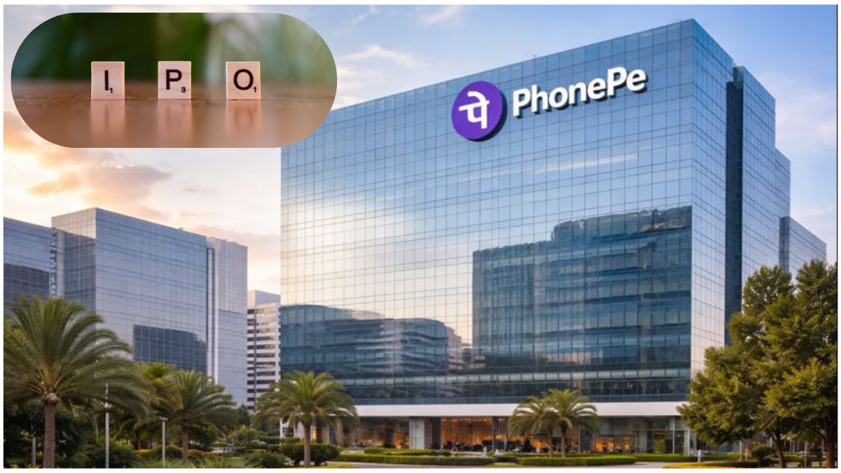 PhonePe के आधुनिक कॉर्पोरेट हेडक्वार्टर की लैंडस्केप इमेज, कांच की बड़ी बिल्डिंग पर PhonePe का लोगो दिख रहा है, चारों ओर हरियाली और पेशेवर व्यापारिक वातावरण, सूरज ढलते समय का प्राकृतिक प्रकाश।