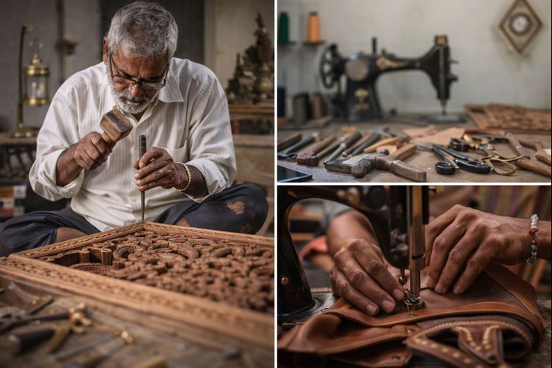 पारंपरिक भारतीय कारीगर लकड़ी और चमड़े के काम में लगे हुए, पीएम विश्वकर्मा योजना के तहत हुनरमंदों को मिल रहा सरकारी सहयोग