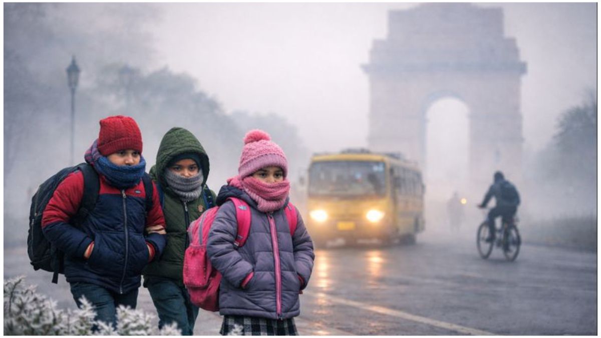 Delhi-NCR में घने कोहरे और शीतलहर के बीच गर्म कपड़ों में स्कूल जाते बच्चे, पृष्ठभूमि में धुंध और स्कूल बस