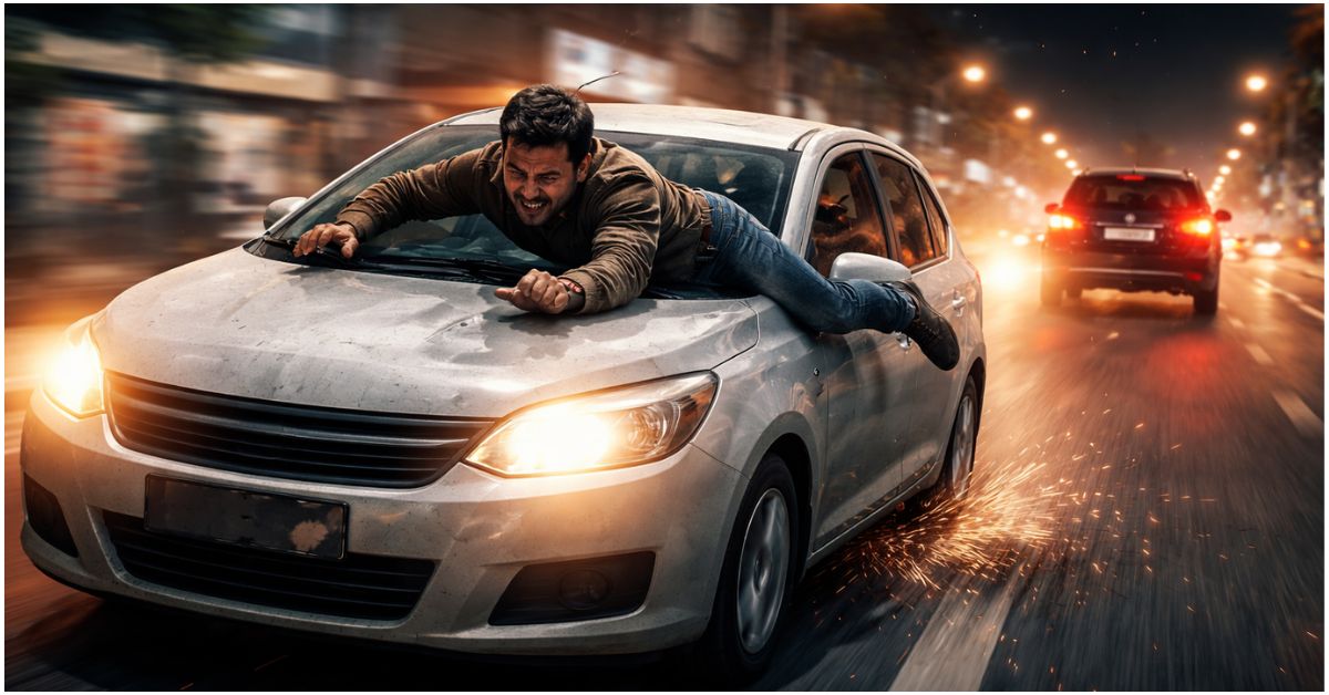 रात के समय शहर की सड़क पर तेज रफ्तार कार के बोनट से लटका एक युवक, पीछे धुंधली स्ट्रीट लाइट्स और भागती गाड़ी का दृश्य, हिट एंड रन घटना को दर्शाता हुआ।