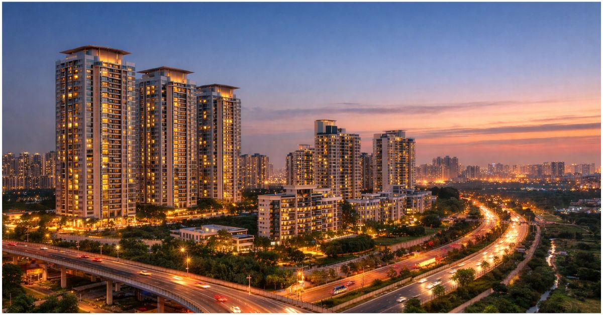 गुरुग्राम के हाई-राइज लग्जरी रिहायशी टावरों का एरियल व्यू, सामने व्यस्त एक्सप्रेसवे और शाम के समय जगमगाती शहर की स्काईलाइन