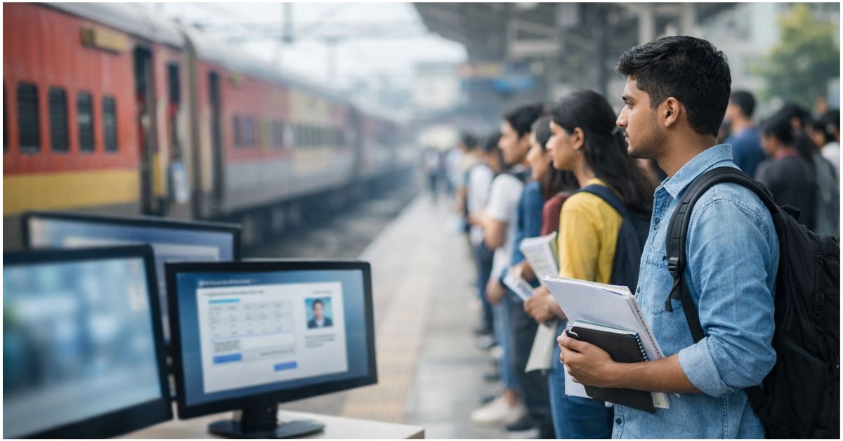 भारतीय रेलवे स्टेशन पर छात्रों की कतार, हर छात्र के हाथ में नोटबुक और कागजात, प्लेटफॉर्म पर खड़ी ट्रेन और कंप्यूटर स्क्रीन पर blurred एडमिट कार्ड, परीक्षा तैयारी का प्रतीक