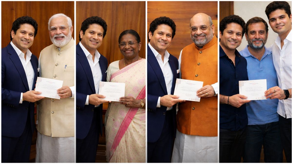 Arjun Tendulkar wedding invitation concept with cricket bat and traditional Indian wedding decorations, flowers, and elegant background, symbolizing Sachin Tendulkar inviting top Indian leaders.