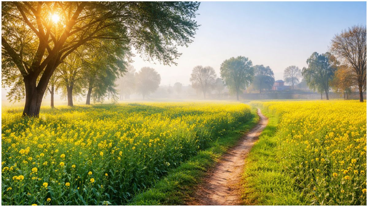 उत्तर प्रदेश के ग्रामीण इलाके का विस्तृत लैंडस्केप दृश्य, जहां सुबह की हल्की धुंध, साफ आसमान और खिली धूप के बीच हरे-भरे खेत और शांत मौसम दिखाई दे रहा है
