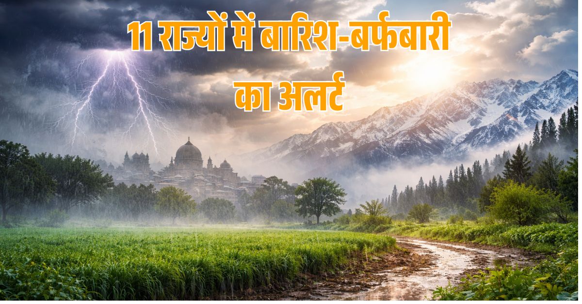 काले घने बादलों के बीच चमकती बिजली, हरे-भरे खेतों में बरसता पानी, कीचड़ से भरा रास्ता, दूर धुंध में दिखाई देता शहर और पीछे बर्फ से ढके पहाड़—देशभर में बदलते मौसम का प्रतीक दृश्य।