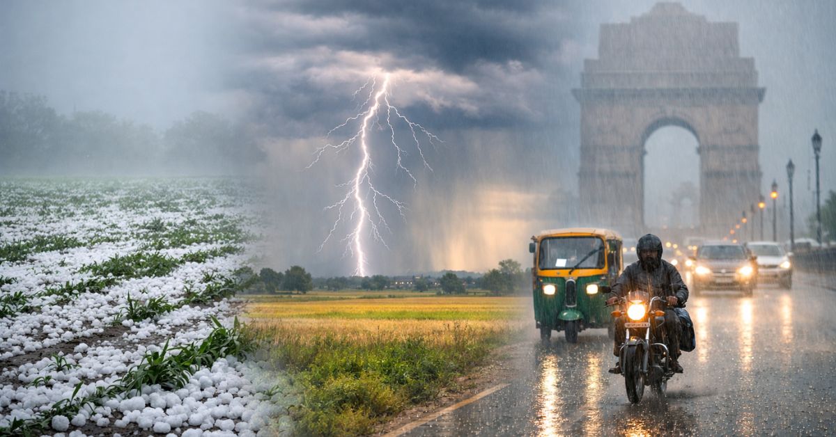Alt Text: एक कॉम्पोजिट छवि जिसमें उत्तर भारत के मौसम की चरम स्थितियों को दिखाया गया है। बाईं ओर एक खेत में ओलावृष्टि हो रही है, बीच में आकाश में बिजली गिर रही है और भारी बारिश हो रही है, जबकि दाईं ओर दिल्ली के इंडिया गेट के पास बारिश में सड़कों पर गाड़ी और मोटरसाइकिल चल रहे हैं।