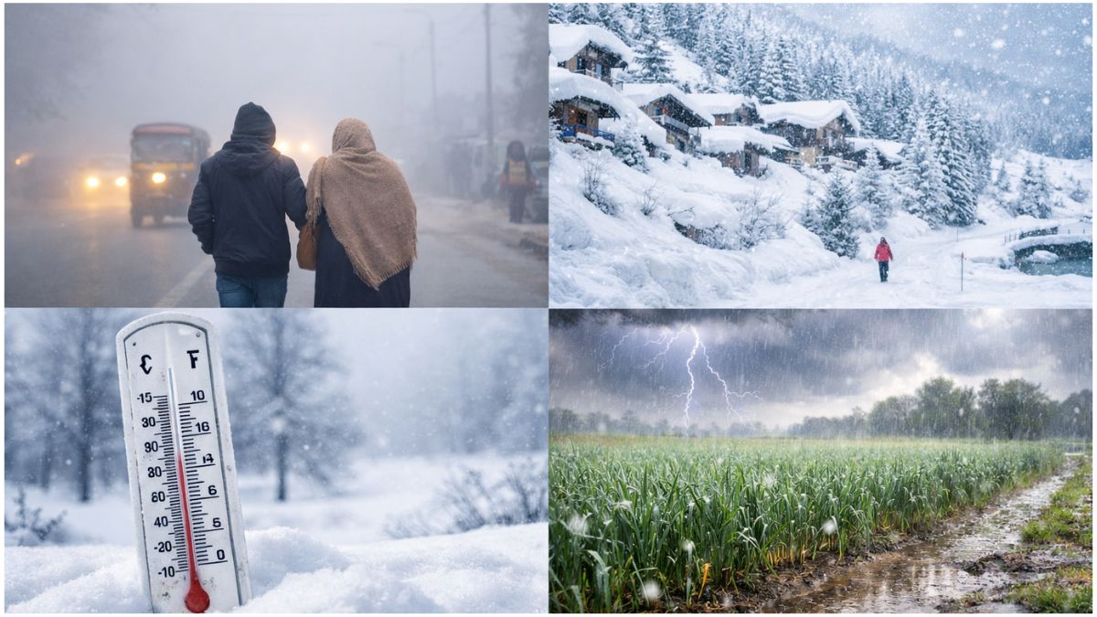 घने कोहरे में सड़क पर चलते लोग, पहाड़ी इलाके में बर्फ से ढका गांव और गिरती बर्फ, बर्फीले मौसम में कम तापमान दिखाता थर्मामीटर और खेतों में बारिश के साथ बदलता मौसम दर्शाता दृश्य।