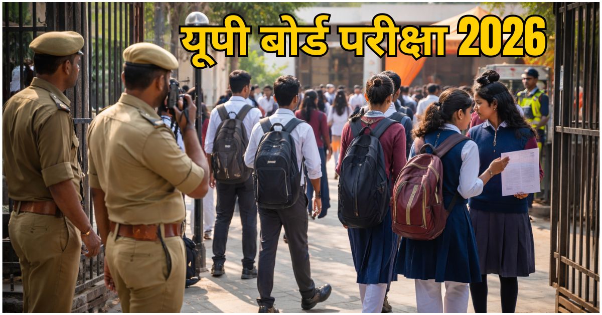 ग्रेटर नोएडा के एक परीक्षा केंद्र के बाहर छात्र स्कूल यूनिफॉर्म में प्रवेश करते हुए, दो पुलिस अधिकारी सुरक्षा सुनिश्चित करते हुए और CCTV कैमरा दिख रहा है।