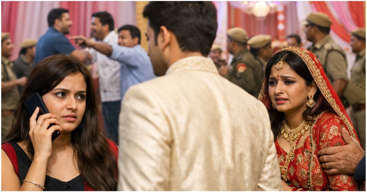 सगाई समारोह के दौरान मैरिज हॉल में तनावपूर्ण माहौल, दुल्हन चिंतित मुद्रा में खड़ी है जबकि एक युवती मोबाइल पर बात कर रही है और पीछे पुलिस व परिजन बहस करते नजर आ रहे हैं।
