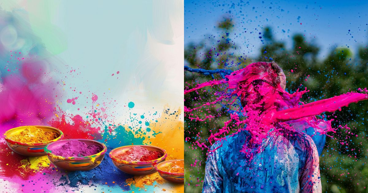 रंगों की होली खेलते हुए राधा और श्री कृष्ण का पारंपरिक चित्रण, साथ में होलिका दहन की अग्नि का प्रतीकात्मक दृश्य।