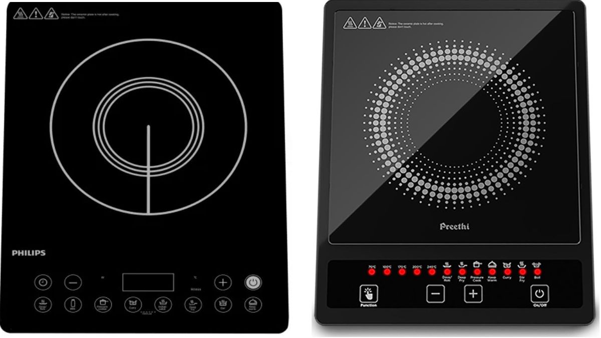 टच पैनल और बटन वाले इंडक्शन चूल्हे का तुलना करते हुए किचन में रखा आधुनिक कुकिंग उपकरण