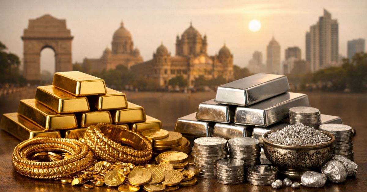 सोने की ईंटें, सोने के गहने और चांदी की ईंटें व सिक्के एक साथ रखे हुए, जो सोना-चांदी की कीमतों में उतार-चढ़ाव को दर्शाते हैं।