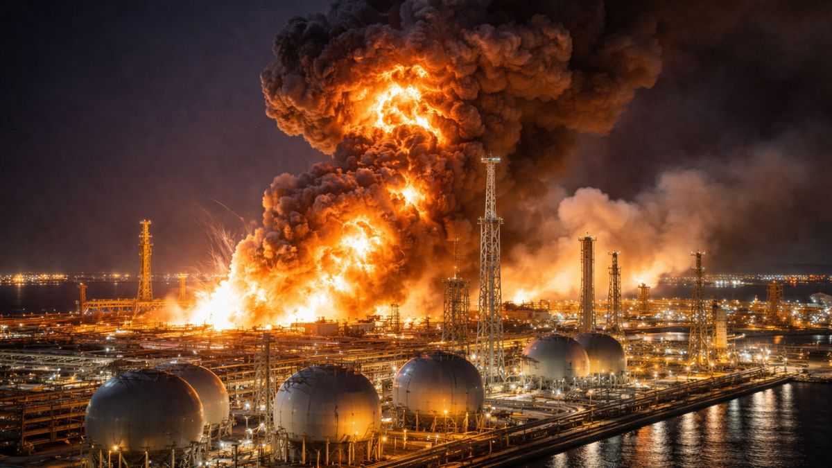 कतर के रास लाफान LNG प्लांट में मिसाइल हमले के बाद भीषण विस्फोट और उठता घना धुआं